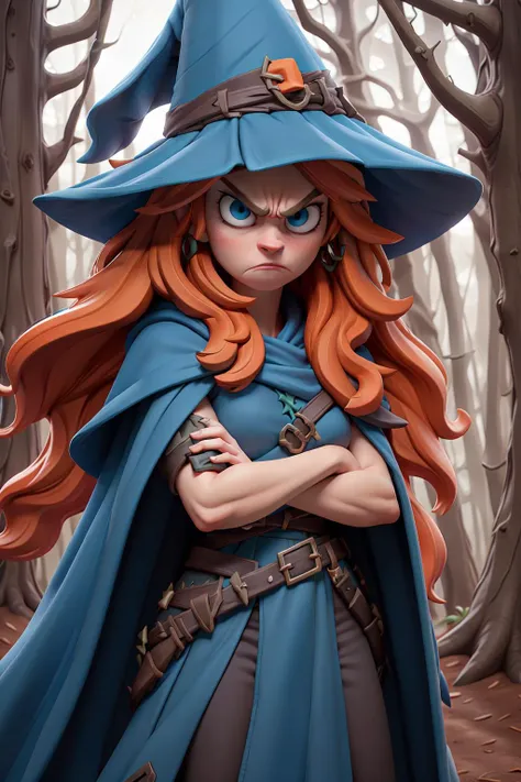 masterpiece, best quality, angry female witch in the forest  with arms crossed wearing a blue pointy hat and orange hair and a blue cape and blue cloak