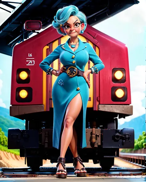 (full body shot:1.2), one (beautiful granny), front viewhigh_ponytail, Lime-color hair,
realistic detailed brown-skin,
(mad),
(leaning_against_vehicle), embellished yamakasa,
huge breast, narrow waist, wide pelvis, thighs, calf , higheels ,
train_station,
(sharp focus, realistic , clear image, best quality:1.2), long shot, wide shot,