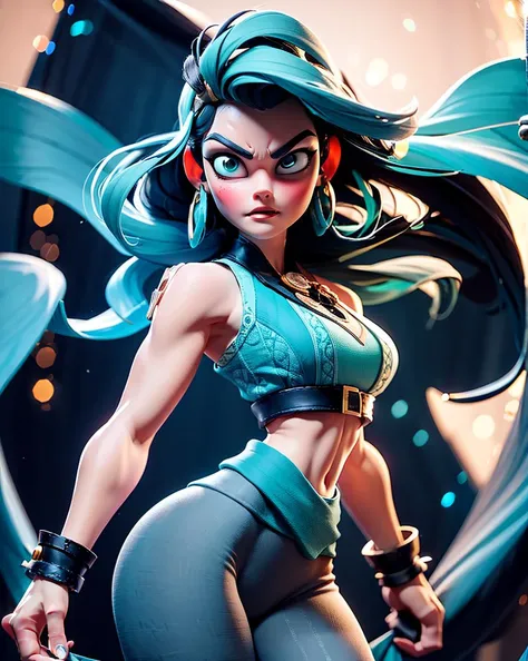 (medium shot:1.3), one beautiful (mature lady), look at viewer, front view,
(strong wind:1.2),
fighting stance,
grayish_turquoise-two_side_up, gray-skin,
huge breast, narrow waist, delicate hands, wide pelvis, upper leg,
intricate Cyan-color leggings,
bakery,
delicate, realistic details, sharp focus, detailed skin,clear image, medium shot