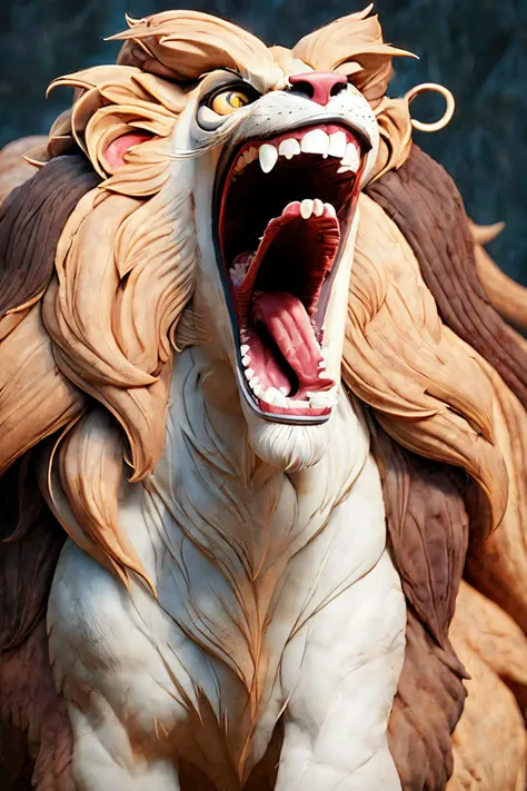 close-up photo portrait of a great lion, yellow eyes, very long lion's mane, roaring, open mouth, fangs, animal, no humans, simple background