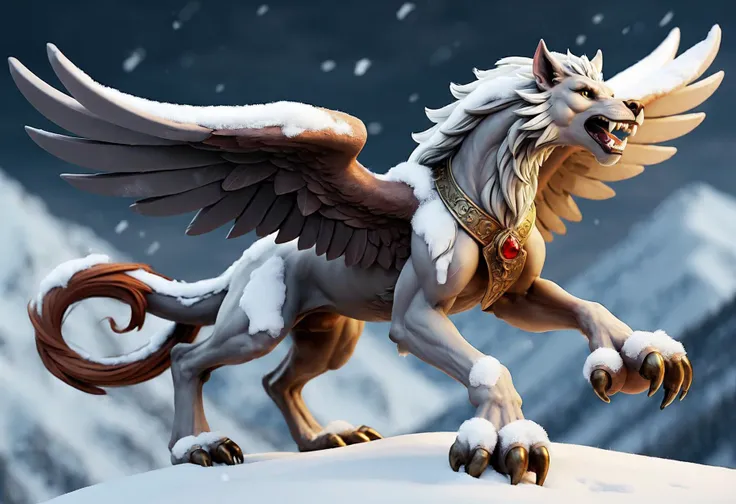 Craft a magnificent, ultra-detailed work of art, beguiling, griffin, werewolf, pegasus, an icy, snow-covered tundra