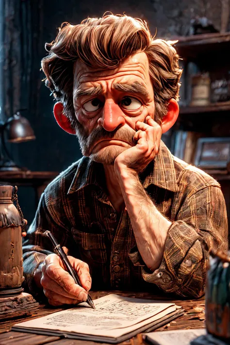 (RAW photo, 8k uhd, Analog style, Masterpiece, Best Quality, Highres:1.4), (dramatic, cinematic:1.2), BREAK,
shot of (60 yo:1.2) (old man:1.3) (Michael Rooker:1.1) (sitting:1.2) at a (rough wooden:1.1) (desk:1.2), (writing:1.27) something on piece of paper, holding pen, (tired face:1.2), (wrinkles:1.1), (stubble:1.25), grey eyes, shabby (dirty red:1.1) (unbuttoned plaid shirt:1.2), (lowered head:1.2), (messy hair:1.1), frown, (writer:1.1), (tired depressed frustrated expression:1.2), BREAK,
(dark (dirty old messy room:1.2), (scattered things books papers, shelves, dirty dishes and mugs, turned off television:1.15), (kerosene lamp:1.25), (Christmas tree:1.25), (old photos on the shelf:1.3), (whiskey bottles:1.2), grey (torn stripped wallpaper:1.1), (dark night:1.25), (night window:1.1), (torn curtains:0.7), light particles, dust, creepy deep shadows:1.1), (depressive hopeless eerie atmosphere:1.2), (slums, ghetto:1.1), BREAK,
(photorealistic:1.3), (rough details, (male focus:1.1):1.2), (desaturated, cold lighting:1.3), (vintage:1.2), (hyperdetailed, absurdres:1.2), (Clutter-Home:0.9), BREAK,
<lora:more_details:1.0>,
<lora:zoom_slider_v1:2.0>,