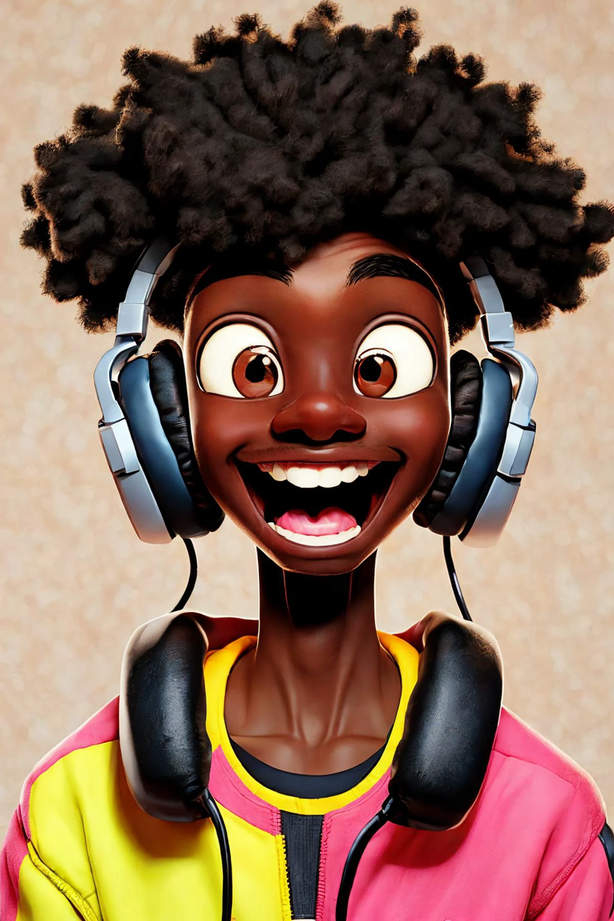 close-up photo portrait of a 25 yo young african man, black short african hair, stubble, brown eyes, excited face expression, headphones, simple background