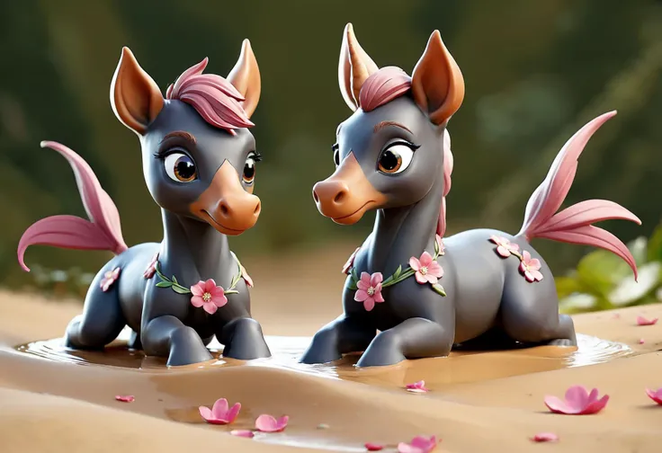 breathtaking uncanny, Adorable, petite kelpies splashing playfully in shallow waters, Cute, dainty griffins dancing on leaves and flower petals, Enchanting, pocket-sized trolls singing sweet, melodic tunes, with a sand dune in the background . award-winning, professional, highly detailed