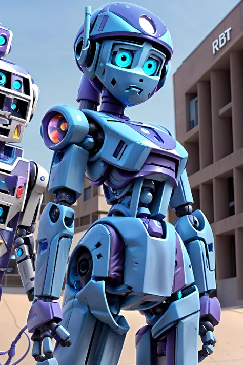 a blue and purple busty woman robot , (robot:1.5), 3D , futuristic,