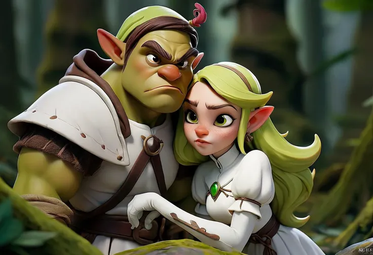 breathtaking dial_kasper shrek_(series) sousou_no_frieren frieren shrek 1boy 1girl bald capelet colored_skin couple crossover earrings elf floating_earring green_eyes green_skin grey_hair hetero jewelry ogre pointy_ears skirt twintails white_capelet white_skirt forest . award-winning, professional, highly detailed