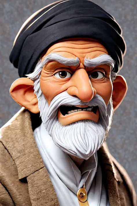 close-up photo portrait of a 60 yo aged Arab man, short grey hair, beard, black eyes, joyful face expression, turban, simple background