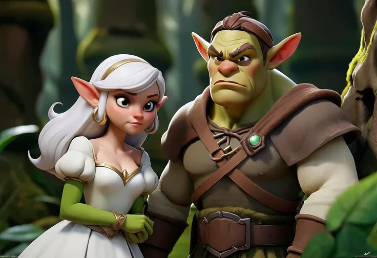 breathtaking dial_kasper shrek_(series) sousou_no_frieren frieren shrek 1boy 1girl bald capelet colored_skin couple crossover earrings elf floating_earring green_eyes green_skin grey_hair hetero jewelry ogre pointy_ears skirt twintails white_capelet white_skirt forest . award-winning, professional, highly detailed