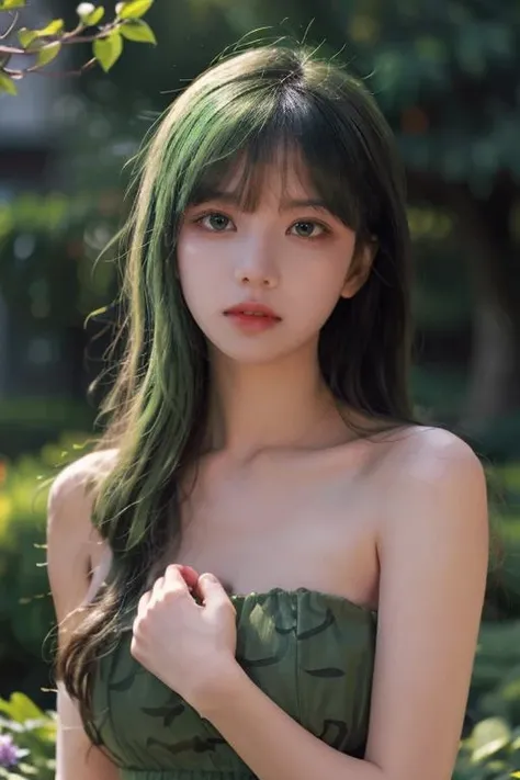 1girl, green hair, green eyes, intricate dress, flower petals, spiked vines, serene, detailed background, ambient lighting, <lora:jtz:0.7>