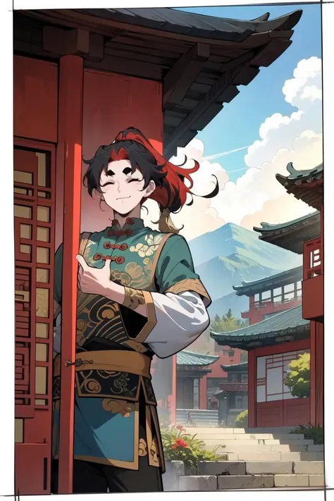 masterpiece, best quality, highres, ultra-detailed, male focus, jiangaijian, 1boy, two-toned hair, black hair, red hair, short ponytail, short eyebrows, closed eyes, fox eyes, smile, closed mouth, chibi, ancient chinese building background, <lora:jiangaijian:0.7:INALL>