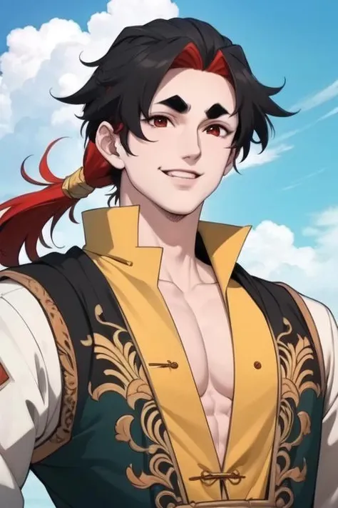 masterpiece, best quality, highres, ultra-detailed, male focus, jiangaijian, 1boy, two-toned hair, black hair, red hair, short ponytail, short eyebrows, red eyes, fox eyes, smile, pectoral cleavage,<lora:jiangaijian:0.7:MIDD>