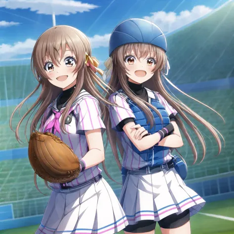 masterpiece, best quality, absurdres, cute, ultra-detailed, perfect anatomy, 2girls, stadium, outdoors,
BREAK
<lora:0849Harihara:0.7>, arihara, white baseball_uniform, pink vertical-striped, pleated skirt, smile, standing, 2girls,
BREAK
<lora:model-Hachigatsu_no_ Cinderella_Nine-Shiina_Yukari:0.7> , shiina yukari, long hair, hair ribbon, baseball uniform, black undershirt, fingerless gloves, belt pouch, pleated skirt, bike shorts, bike shorts under skirt, helmet, blue vest, white ribbon, standing, from behind, 2girls,
