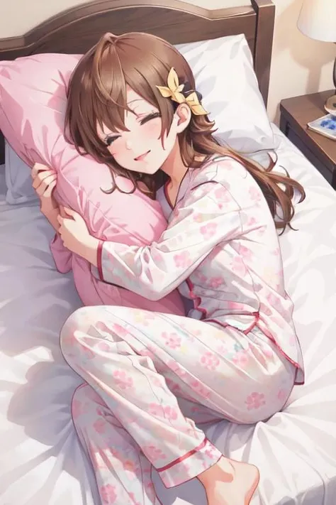 I am sleeping comfortably in the futon,Rounding the body,lightbrown hair,Mokomo Hair Band for Sleep,Warm winter pajamas with long sleeves,Smiling happily