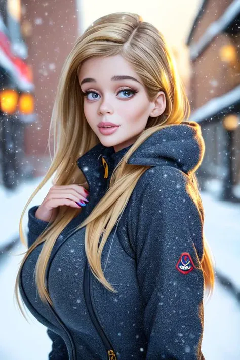 professional portrait photograph of a gorgeous girl (juliatica:1.1) in winter clothing with long wavy blonde hair and deep cleavage, ((sultry flirty look)), freckles, beautiful symmetrical face, cute natural makeup, wearing elegant winter fashion clothing, ((standing outside in a snowy city street)), stunning modern urban upscale environment, ultra-realistic, concept art, elegant, highly detailed, intricate, sharp focus, depth of field, medium shot, mid shot, (centered image composition), (professionally color graded), ((bright soft diffused light)), volumetric fog
