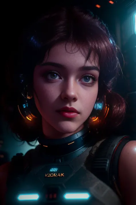 (Acclaimed Photo:1.3) of award-winning (portrait photo:1.4) of a rugged dark science fiction space marine with robotic joints, (juliatica:1.0) female, Style-Cupola, electronic circuits, flashing control panel in the foreground, science fiction, action, dark, tools on floor in the background, backlighting, (shallow depth of field:1.5), by lee jeffries, nikon d850, film stock photograph, kodak portra 400 camera, f1.6 lens, rich colors, hyper-realistic, lifelike texture, dramatic lighting, unreal engine, trending on artstation, cinestill 800, (vignette:1.3), film grain, makeup,Highly Detailed