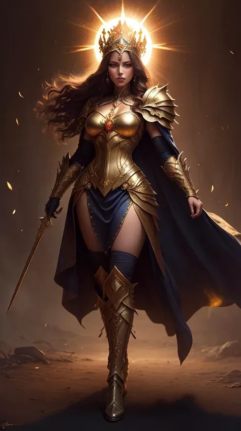 Leona Dawnstrike: She wears a suit of radiant armor adorned with sun motifs, representing her dedication to justice and her radiant aura. Her flowing cape resembles rays of sunlight, reflecting her celestial nature. Underneath her armor, she dons a gown made from golden silk, shimmering like the sun itself. Her boots are adorned with sun emblems, granting her the ability to generate and manipulate solar energy. A crown with a sunburst design rests on her head, symbolizing her divine lineage and her role as a sun warrior.,ltradetailed intricated face,(face details:1.1),perfect eyes,ideal body posture,perfect body proportion By jeremy mann,by sandra chevrier,by maciej kuciara,(masterpiece:1.2),(ultradetailed:1.1),ultrasharp,(perfect, body:1.1),(realistic:1.3),(real shadow:1.2),3d,(perfect body proportions:1.1),(by Michelangelo),(profesional lights:1.3) (profesional photography:1.3),inEnchanted Forest: A magical forest teeming with talking animals, glowing flowers, and enchanting melodies that emanate from unseen sources.,(character focus:1.1),depth of field <lyco:GoodHands-beta2:1>, medieval fantasy rpg