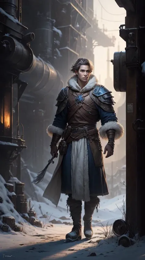 an awarded photo of 1 man Arion Winterthorn: An Icebound Summoner who thrives in frozen landscapes. His skin is as pale as ice, and his eyes are a piercing blue. Arion's hair is silver, and he wears a robe made of arctic fur and ice crystals. He carries a grimoire containing ancient summoning spells, allowing him to call forth creatures of ice and frost. By jeremy mann, by sandra chevrier, by maciej kuciara, sharp, (perfect, body:1.1), realistic, real shadow, 3d, Steampunk Factory: Gears, cogs, and steam-powered machinery filling a massive industrial complex. background, (by Michelangelo), (profesional lights:1.3) (profesional photography:1.3),character focu, boekh, deep of field, perfect character concept art, concept art of medieval rpg character,standing with arms crossed in front of body, ultradetailed intricated face, face details, perfect eyes, ideal body posture, anatomically correct hand, perfect anatomy, ideal limbs, ideal arms, ideal hands