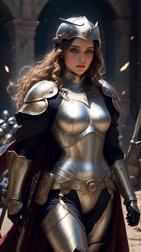 an awarded profesional photo of Joan of Arc: Dressed in shining silver armor, Joan appears almost ethereal as she leads her troops into battle. Her short, golden curls peek out from under her helmet, lending a touch of femininity to her otherwise formidable appearance. Her eyes, bright and unwavering, reflect her unwavering faith in her divine mission. She carries a white and gold banner, symbolizing her spiritual guidance and the purity of her cause., ultradetailed, intricated face,(face details:1.1),perfect eyes, ideal body posture,perfect body proportions, by jeremy mann, by sandra chevrier, by maciej kuciara,(masterpiece:1.2),(ultradetailed:1.1), ultrasharp, (perfect, body:1.1),(realistic:1.3),(real shadow:1.2),3photo Fujifilm XT3, ,(perfect body proportions:1.1)<lyco:GoodHands-beta2:1>, intricated hands,(by Michelangelo),(profesional lights:1.3) (profesional photography:1.3),in Starfall Observatory: A remote and mysterious observatory, said to be the gateway to the stars and other dimensions., cowboy shot (character focus:1.1), depth of field