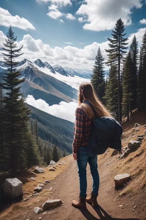 very detailed, conceptual ,man standing on mountain top, flannel shirt, blue jeans, well worn clothing, leather boots, long hair, pine tree's, mountain, cloud, sunny, well lit, natural light and shading, pov away