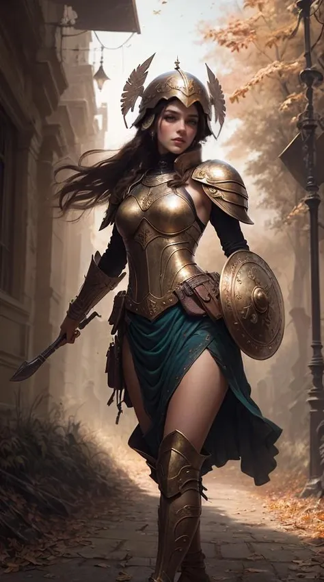Hoplite - An ancient Greek soldier with a bronze helmet, breastplate, and a large round shield (hoplon). By jeremy mann, by sandra chevrier, by maciej kuciara, sharp, (perfect, body:1.1), realistic, real shadow, 3d, Floating City: A city that hovers above the ground, supported by massive levitation devices. background, (by Michelangelo), (profesional lights:1.3) (profesional photography:1.3),character focu, boekh, deep of field, perfect character concept art, concept art of medieval rpg character,Dancing amidst falling autumn leaves, she embraces the ephemeral beauty of the changing seasons, ultradetailed intricated face, face details, perfect eyes, ideal body posture
