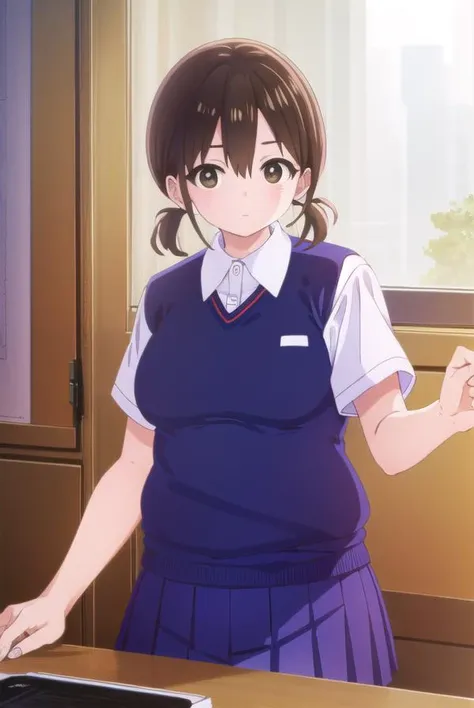 honokahara, <lora:honoka hara s1-lora-nochekaiser:1>,
honoka hara, short hair, brown hair, hair between eyes, twintails, (brown eyes:1.5), low twintails, short twintails,
BREAK skirt, shirt, school uniform, white shirt, short sleeves, pleated skirt, collared shirt, blue skirt, sweater vest, plump,
BREAK indoors, classroom,
BREAK looking at viewer, (cowboy shot:1.5),
BREAK <lyco:GoodHands-beta2:1>, (masterpiece:1.2), best quality, high resolution, unity 8k wallpaper, (illustration:0.8), (beautiful detailed eyes:1.6), extremely detailed face, perfect lighting, extremely detailed CG, (perfect hands, perfect anatomy),