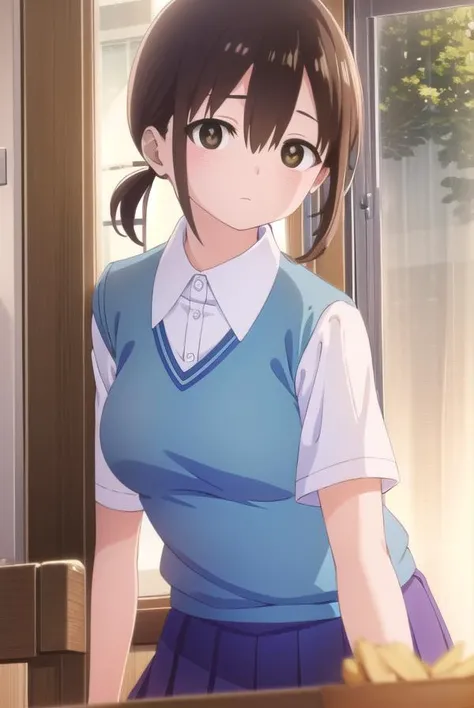 honokahara, <lora:honoka hara s1-lora-nochekaiser:1>,
honoka hara, short hair, brown hair, hair between eyes, twintails, (brown eyes:1.5), low twintails, short twintails,
BREAK skirt, shirt, school uniform, white shirt, short sleeves, pleated skirt, collared shirt, blue skirt, sweater vest, plump,
BREAK indoors, classroom,
BREAK looking at viewer, (cowboy shot:1.5),
BREAK <lyco:GoodHands-beta2:1>, (masterpiece:1.2), best quality, high resolution, unity 8k wallpaper, (illustration:0.8), (beautiful detailed eyes:1.6), extremely detailed face, perfect lighting, extremely detailed CG, (perfect hands, perfect anatomy),