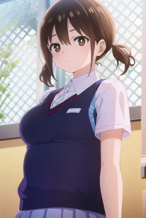 honokahara, <lora:honoka hara s1-lora-nochekaiser:1>,
honoka hara, short hair, brown hair, hair between eyes, twintails, (brown eyes:1.5), low twintails, short twintails,
BREAK skirt, shirt, school uniform, white shirt, short sleeves, pleated skirt, collared shirt, blue skirt, sweater vest, plump,
BREAK indoors, classroom,
BREAK looking at viewer, (cowboy shot:1.5),
BREAK <lyco:GoodHands-beta2:1>, (masterpiece:1.2), best quality, high resolution, unity 8k wallpaper, (illustration:0.8), (beautiful detailed eyes:1.6), extremely detailed face, perfect lighting, extremely detailed CG, (perfect hands, perfect anatomy),