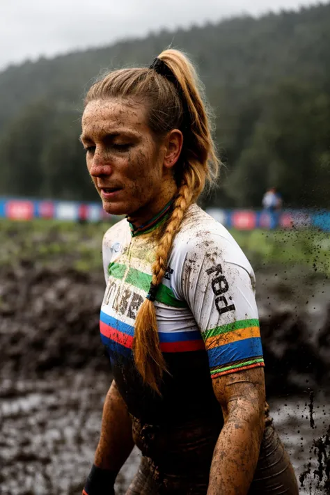 RAW photo, face portrait of pauline_ferrand_prevot, blonde hair, ponytails, world champion jersey, forest, mountains, mud on face, mud on clothes, dirty, ((upper body)), <lora:pauline_ferrand_prevot:0.9>,