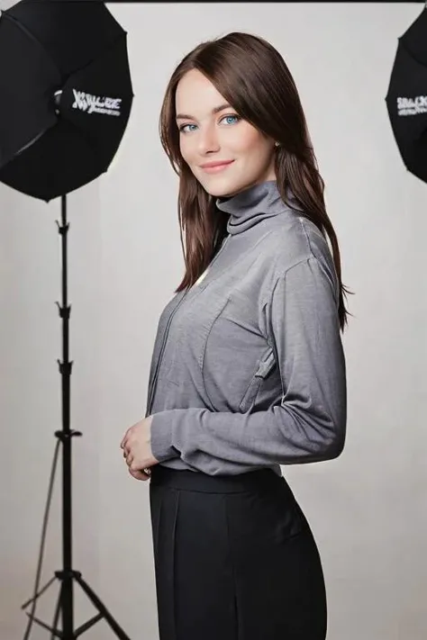 (((Head Portrait))), (((1/2 Body View))), ((Wearing a turtleneck shirt and slacks)), ((Professional Photo Shoot)), ((in photographers studio)), model shoot style, extremely intricate, ((Blur the background)), High Detail, Sharp focus, dramatic, soft cinematic light, (looking at viewer), (Real Eyes), (Detailed Eye Corneas) (detailed pupils), smiling, 24mm, photo lab, elegant, insane details, hyperdetailed, low contrast, (((SFW))) <lora:Emma_Stone:0.85>