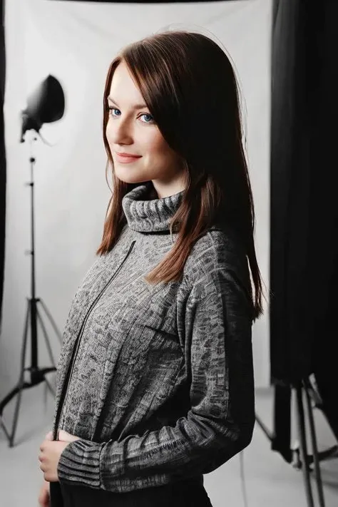 (((Head Portrait))), (((1/2 Body View))), ((Wearing a turtleneck shirt and slacks)), ((Professional Photo Shoot)), ((in photographers studio)), model shoot style, extremely intricate, High Detail, Sharp focus, dramatic, soft cinematic light, (looking at viewer), (Real Eyes), (Detailed Eye Corneas) (detailed pupils), smiling, 24mm, photo lab, elegant, insane details, hyperdetailed, low contrast, (((SFW))) <lora:Emma_Stone:0.85>