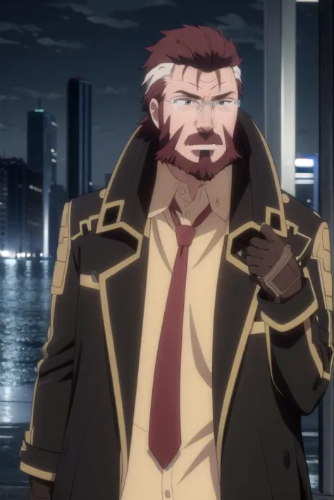 blitztalker, <lora:blitz talker s1-lora-nochekaiser:1>,
blitz talker, brown hair, male focus, red hair, multicolored hair, facial hair, scar, (black eyes:1.5), beard, glasses,
BREAK shirt, gloves, necktie, black gloves, coat, yellow shirt,
BREAK outdoor, city, night, sky, buildings, moon, clouds,
BREAK looking at viewer, (cowboy shot:1.5),
BREAK <lyco:GoodHands-beta2:1>, (masterpiece:1.2), best quality, high resolution, unity 8k wallpaper, (illustration:0.8), (beautiful detailed eyes:1.6), extremely detailed face, perfect lighting, extremely detailed CG, (perfect hands, perfect anatomy),
