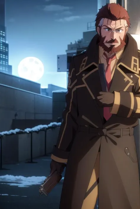 blitztalker, <lora:blitz talker s1-lora-nochekaiser:1>,
blitz talker, brown hair, male focus, red hair, multicolored hair, facial hair, scar, (black eyes:1.5), beard,
BREAK shirt, gloves, necktie, black gloves, coat, yellow shirt,
BREAK outdoor, city, night, sky, buildings, moon, clouds,
BREAK looking at viewer, (cowboy shot:1.5),
BREAK <lyco:GoodHands-beta2:1>, (masterpiece:1.2), best quality, high resolution, unity 8k wallpaper, (illustration:0.8), (beautiful detailed eyes:1.6), extremely detailed face, perfect lighting, extremely detailed CG, (perfect hands, perfect anatomy),