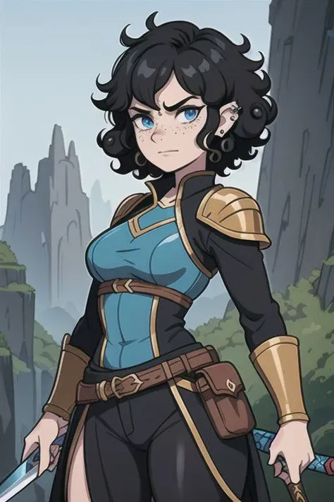 solo, fantasy dnd rpg ranger woman, black hair, semi-short hair, ((curly hair)), pale skin, freckles, ear piercings, bored, uninterested, ignorant, carefree, sharp face, blue eyes, smug, fantasy ranger clothes, wielding two short swords, petite, prominent ears, human ears, face detail, high quality