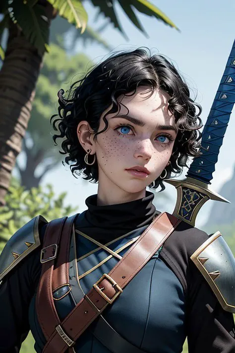 solo, fantasy dnd rpg ranger woman, black hair, semi-short hair, ((curly hair)), pale skin, freckles, ear piercings, bored, uninterested, ignorant, carefree, sharp face, blue eyes, smug, fantasy ranger clothes, wielding two short swords, petite, prominent ears, human ears, face detail, high quality