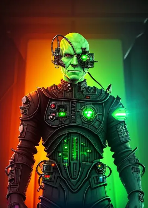 trekborg, a borg man standing against a sc-fi wall, weapon in one hand, glowing wall with green circuitry, close-up