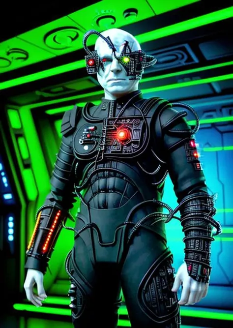 trekborg, a borg man posing for the camera in a dark sci-fi room, laser lights, leds, realistic, detailed, masterpiece