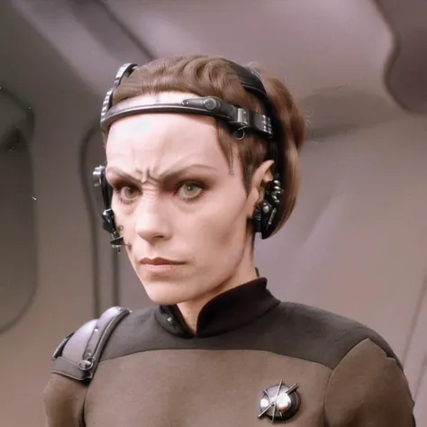<lora:trekborg:1> a borg woman, <lora:tngro_x:1>, red uniform, black hair, eyepatch, trekborg