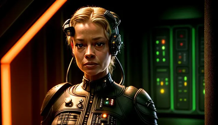 close-up of borg seven of nine (jeri ryan), star trek uniform voyager, transporter room background, pillar of flickering light <lora:flat2:-1> <lora:trekborg:1>