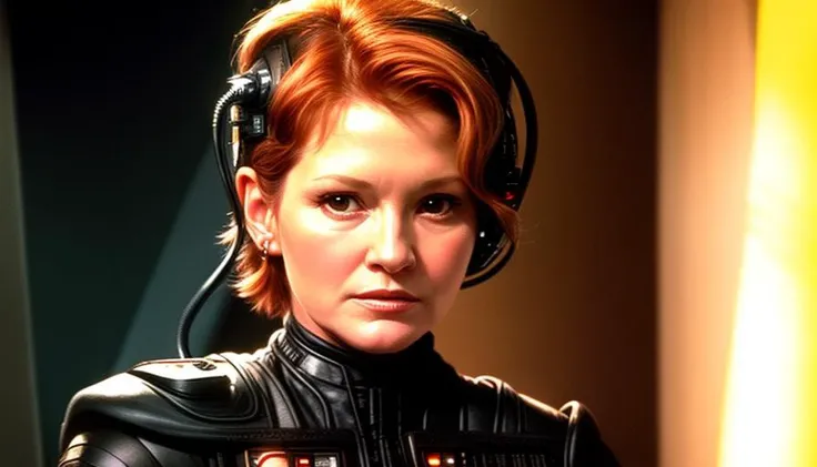 close-up of borg captain kathryn janeway (Kate Mulgrew) pale, eyepatch, red star trek uniform voyager, transporter room background, pillar of flickering light <lora:flat2:-2> <lora:trekborg:1>