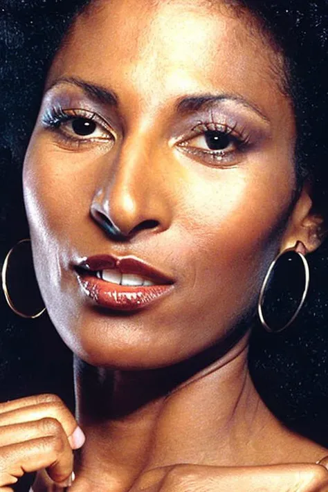 Close-up facial portrait of pamgrier looking at viewer, by (((Andrew Blake)))