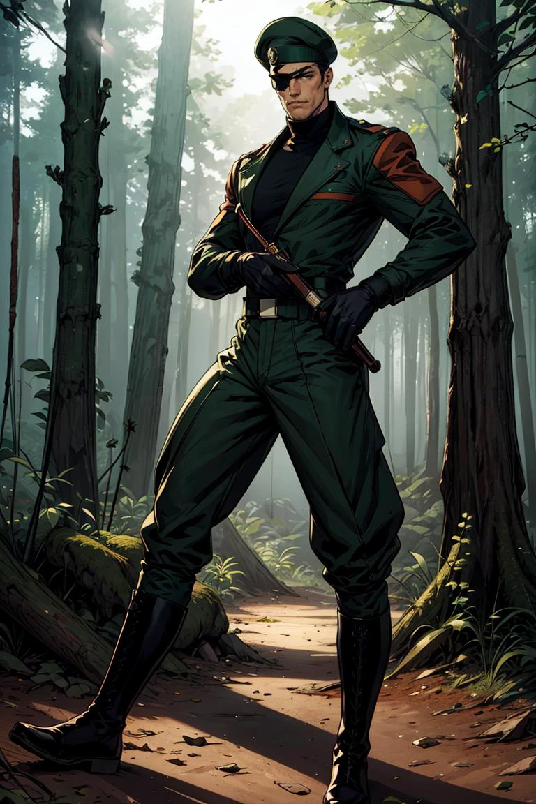 heidern,1male,eye patch,beret,green military uniform,at the forest,black turtleneck,gloves,boots,masterpiece,highres,sharp focus,cinematic lighting,detailed face,detailed eye,full body,<lora:HeidernKOFbyDocStasis:0.8>,