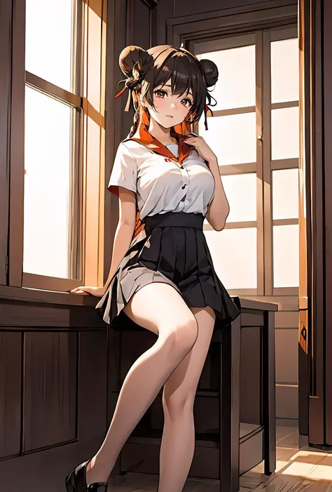 (masterpiece, best quality), 1girl,    Orange-red Braided Low Bun with Delicate Flowers, Size C breasts,    <lora:uniform_loafer:0.8> uniform_loafer