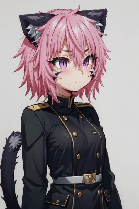 <lora:Nia_Kemonokko_Tsuushin:1>, Nia, 1girl, pink hair, short hair, messy hair, cat ears, cat tail, purple eyes, facial mark, military uniform, standing, expressionless, black uniform, holster, upper body, looking up, standing at attention, simple background