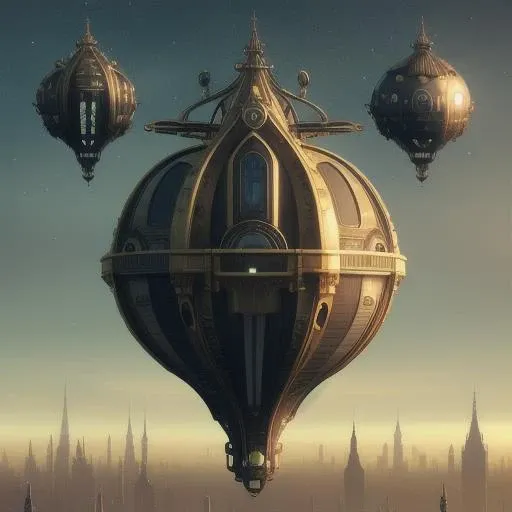 a floating city in a night sky, with steampunk art nouveau architecture and dirigibles floating in the air, cityscape, trending on artstation