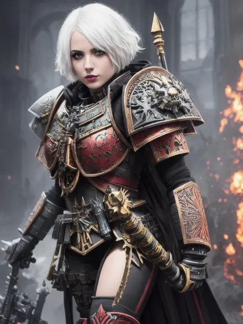 (extremely detailed photo 8k), (((full body))), ((warhammer 40k)),shot of the most beautiful artwork in the world , beautiful (sister of battle),(white hair), bob cut, cleavage, ((wearing intricate sci fi colorful engraved armor)), cinematic lighting, very detailed face and eyes, elaborate fantasy gothic cathedral background,(((detailed facial features))), very dark lighting, heavy shadows, detailed, detailed face, vibrant, dark, sharp focus, 8k)trending on CGSociety, Intricate, (High Detail), Sharp focus,