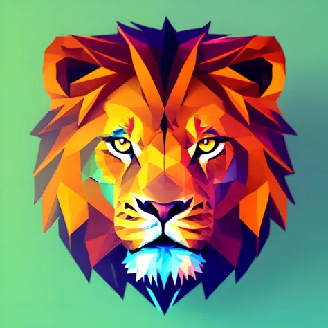 logo of a lion face, colorful, angry eyes, cyan and orange eyes, poly-hd, 3d