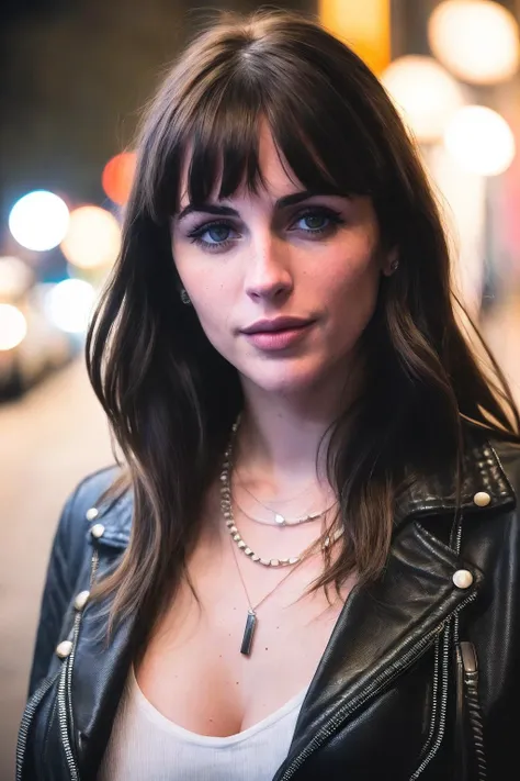 candid RAW portrait photo of a VeronicaCipher with bangs, smile, walking on a dark busy sidewalk (at night:1.2) in New York, snowing, bokeh, Lomo, dof, high definition, detailed, intricate, fujifilm xt3, dslr, 50mm, camera flash, lens flare, lens distortions