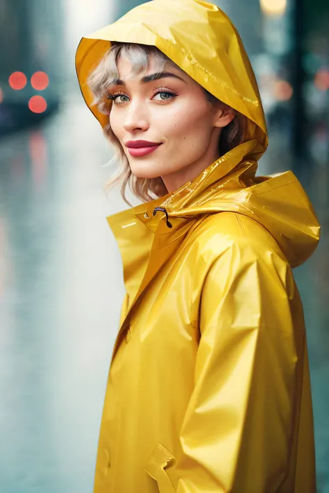Closeup photograph of RoxieCipher, smiling, wearing a (raincoat) and turtleneck, night, raining, rain drops, noir, soft focus, film grain, analog, Kodak Portra 800, f1.8, 50mm