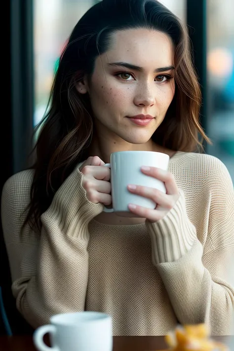 cute beautiful (chr1sch0ng) wearing yellow sweater (drinking coffee inside a modern cafe at sunset), very detailed, inoccent face, natural wave hair, blue eyes, high-res, masterpiece, best quality,intricate details, highly detailed,sharp focus, detailed skin,realistic skin texture,texture, detailed eyes, professional, 4k, charmer smile, shot on Canon, 85mm,shallow depth of field,kodak vision color, perfect fit body, extremely detailed, photorealistic, realistic, post-processing, max detail, roughness, real life, ultra realistic, photorealism, photography, 8k uhd, photography