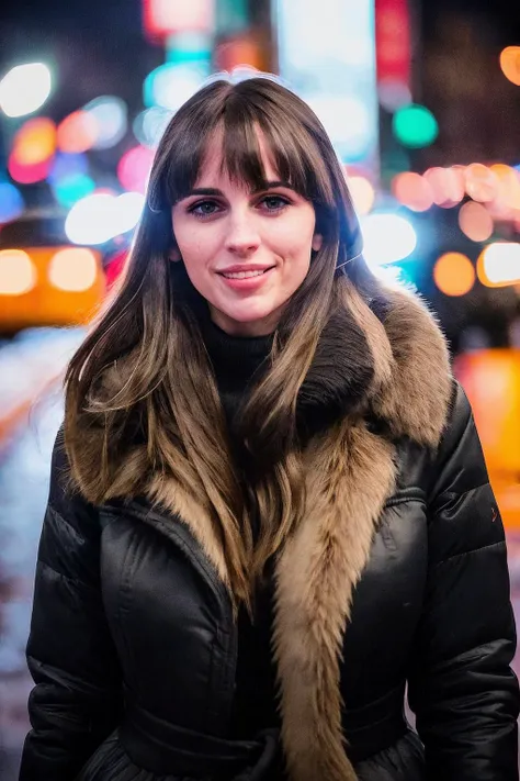 candid RAW portrait photo of a VeronicaCipher with bangs, smile,  walking on a dark busy sidewalk (at night:1.2) in New York, snowing, bokeh, Lomo, dof, high definition, detailed, intricate,  fujifilm xt3, dslr, 50mm, camera flash, lens flare, lens distortions